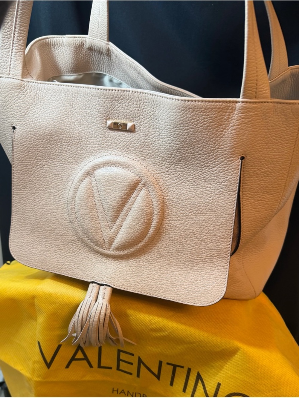 Mario Valentino Ollie Women's Cream Leather Tote Bag with Tassel Good Comdition